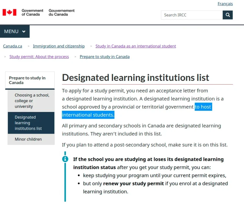 Canadian Government Designated Learning Institution Search
